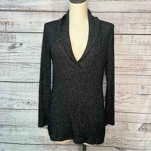 WHBM White House Black Market Black Metallic Knit Sweater Small V Neck